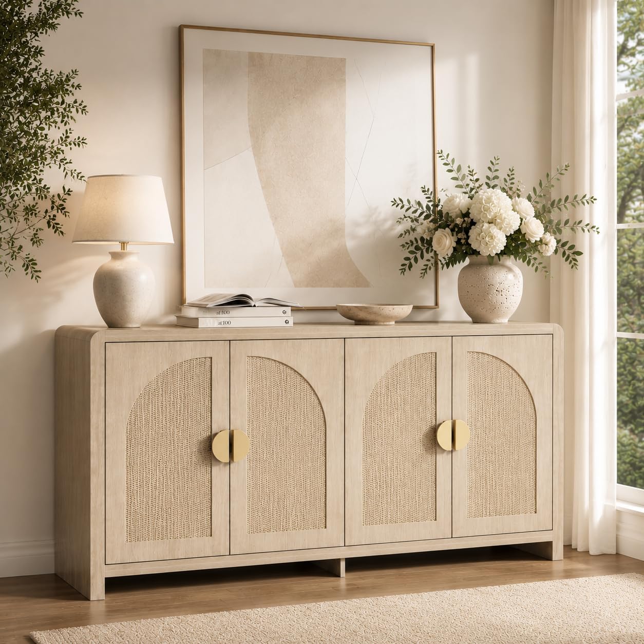 Rattan Sideboard Buffet Cabinet With Storage, 55" Accent Cabinet With Arch Doors & Adjustable Shelves, Boho Credenza Coffee Bar Console Table For Dining Room, Living Room, Entryway, Kitchen