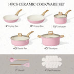 Carote Ceramic Cookware Set, 14 Pcs Pots And Pans Set Non Stick, Pot And Pan Set With Frying Pan, Induction Ready Cooking Set For Kitchen, Pfos/Pfoa/Pfas Free, Pink