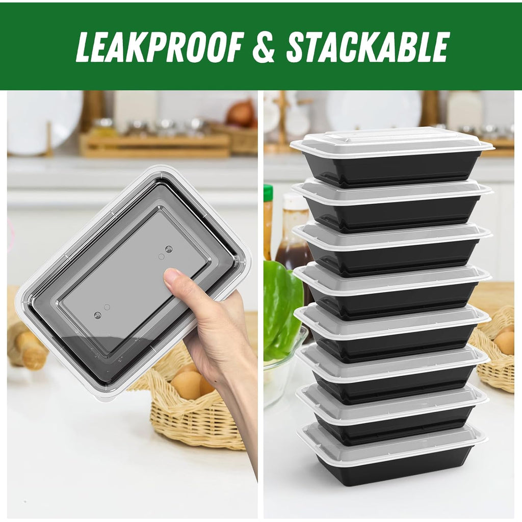 50 Pack (100-Piece) 32 oz Meal Prep Containers Reusable with Easy Open Lids, Sturdy Leakproof Food Safe, Microwave Freezer Dishwasher Safe, To Go Take Out Plastic Food Storage Pans with Lids, Black
