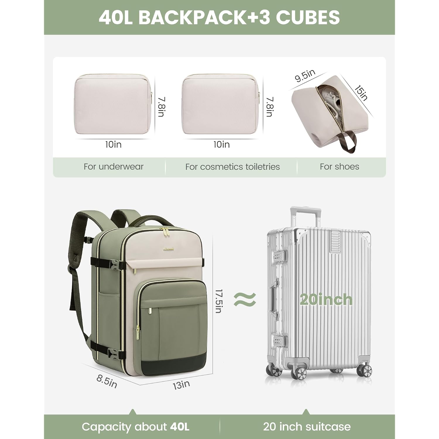 Lovevook 40L Travel Backpack For Women & Men - 17.3 Inch Carry On Backpack & Personal Item Backpack For Airlines, Spacious And Durable Design, With 3 Packing Cubes
