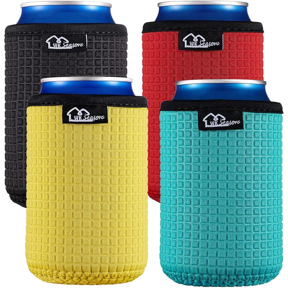 Wkieason 12Oz Standard Can Sleeves Insulators Sleeves Standard Can Covers 12Oz Beer Bottle Sleeves Coolers Holder Non-Slip Neoprene Can Coolier Sleeves 4Pc Pack (Black/Red/Yelllow/Blue)
