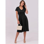 Women Summer Dress Casual Short Sleeve V Neck A-Line Knee Length Pleated Flowy 2026 Fashion Midi Dresses with Pocket