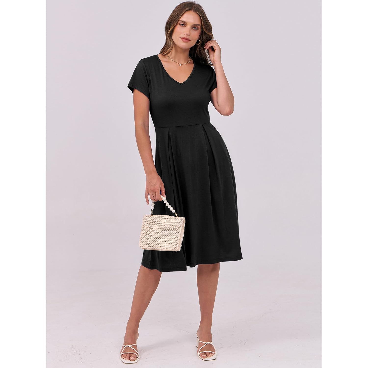 Women Summer Dress Casual Short Sleeve V Neck A-Line Knee Length Pleated Flowy 2026 Fashion Midi Dresses with Pocket