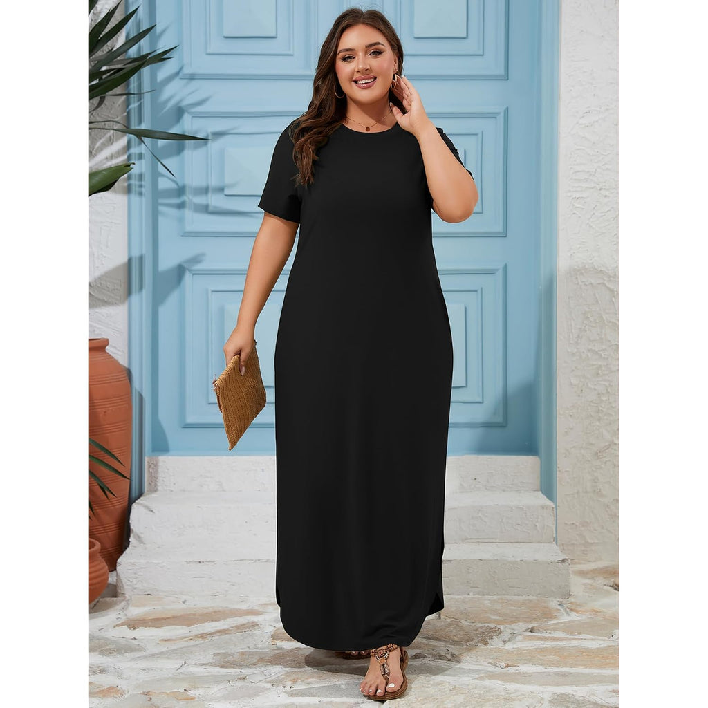 Auslook Plus Size Maxi Dresses For Women Summer Casual Long T Shirt Dress Crew Neck Flowy Beach Vacation Sundress With Pocket