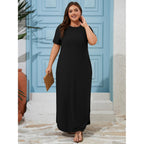Auslook Plus Size Maxi Dresses For Women Summer Casual Long T Shirt Dress Crew Neck Flowy Beach Vacation Sundress With Pocket