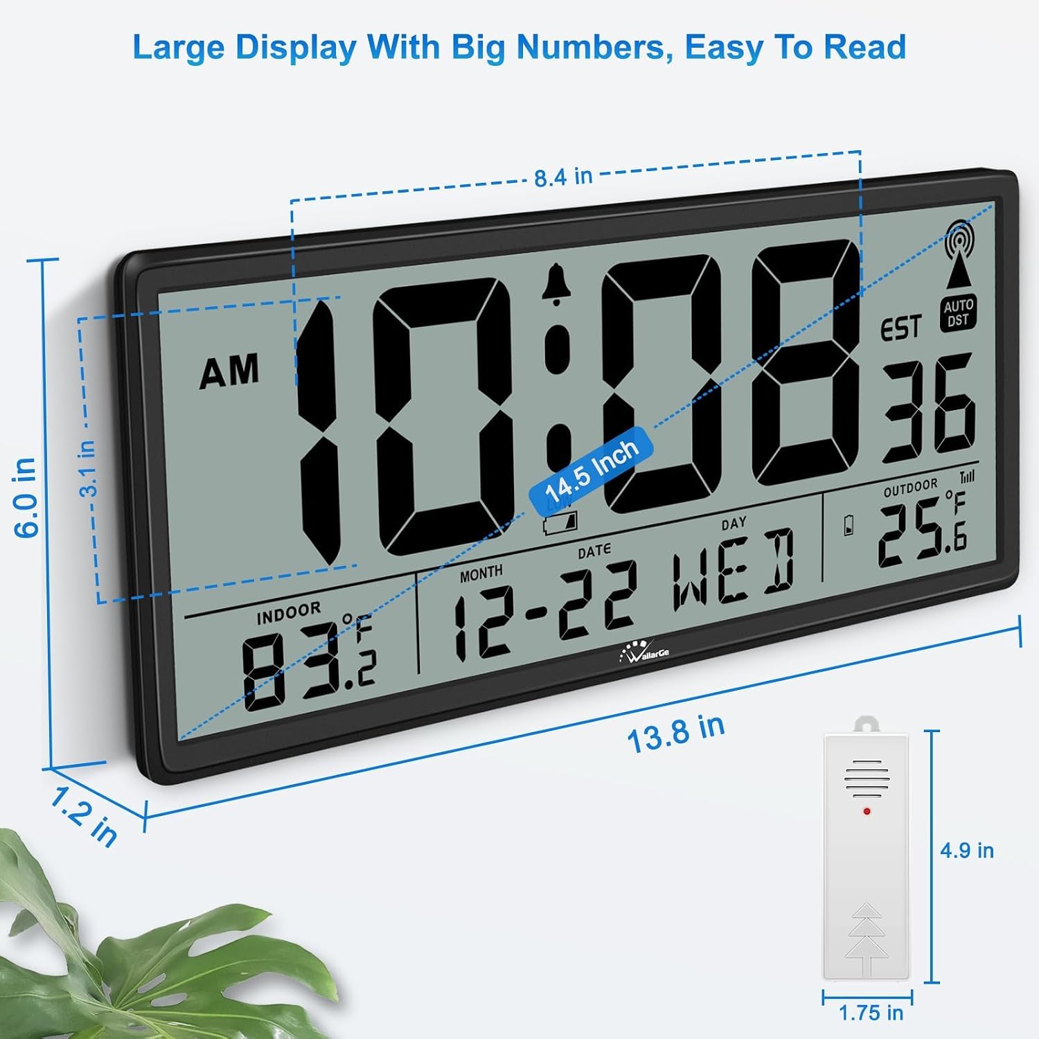 Atomic Clock With Indoor Outdoor Temperature, 14.5" | Easy To Read, Self Setting, Jumbo Auto Set Digital Wall Clock, Battery Operated