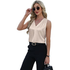 Womens Tank Tops V Neck Silk Satin Camisole Pleated Sleeveless Blouses Dressy Casual Business Summer Basic Tank Shirt