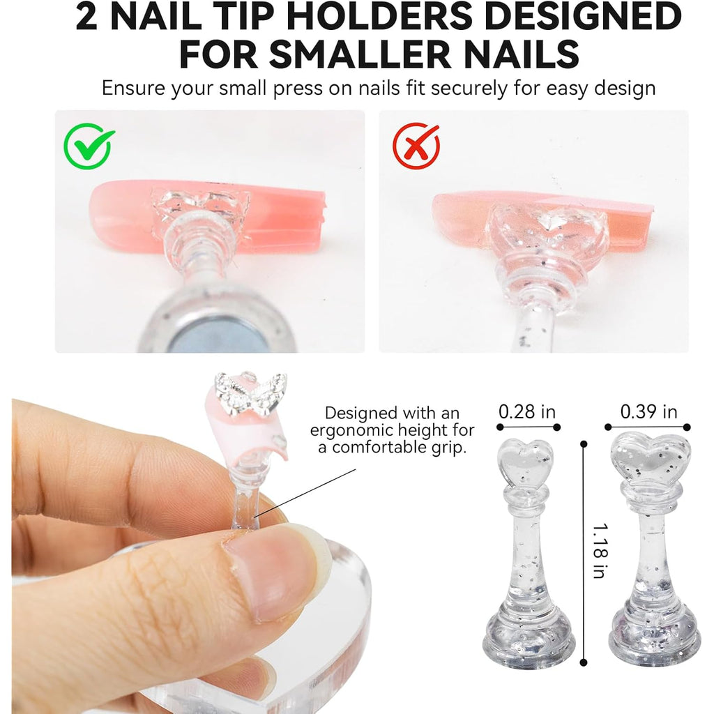 Nail Stands for Press On Nails Painting Display Practice, Powerful Magnetic Nail Tip Holders for Diy Design, Heart Nail Art Stand with 200 PCS Double-Sided Tapes Home Salon Use (Silver)