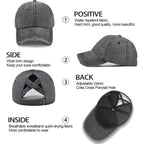 Enwokran Women Ponytail Hat Baseball Cap, Adjustable Criss Cross Messy Buns Ponycaps High Bun Cotton Distressed Hats Black