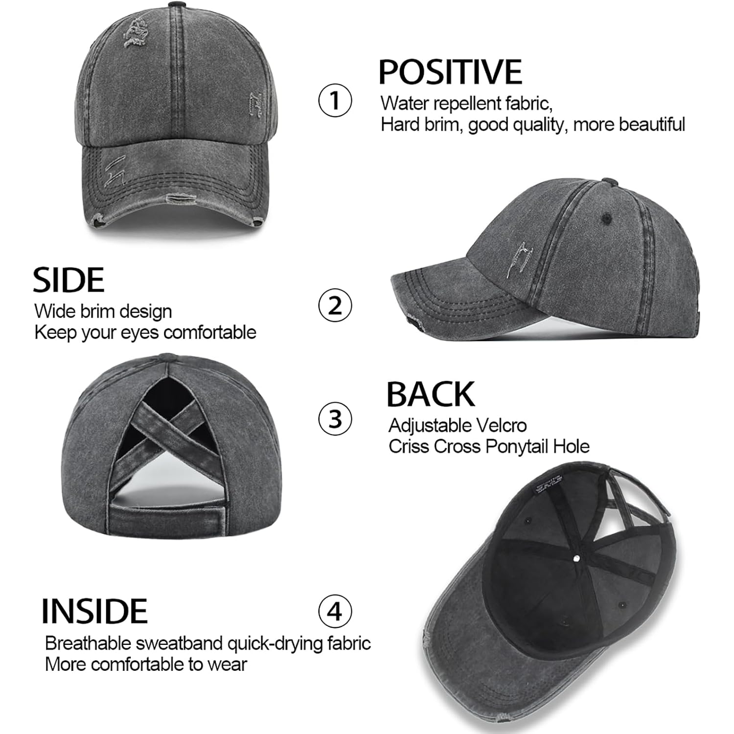 Enwokran Women Ponytail Hat Baseball Cap, Adjustable Criss Cross Messy Buns Ponycaps High Bun Cotton Distressed Hats Black