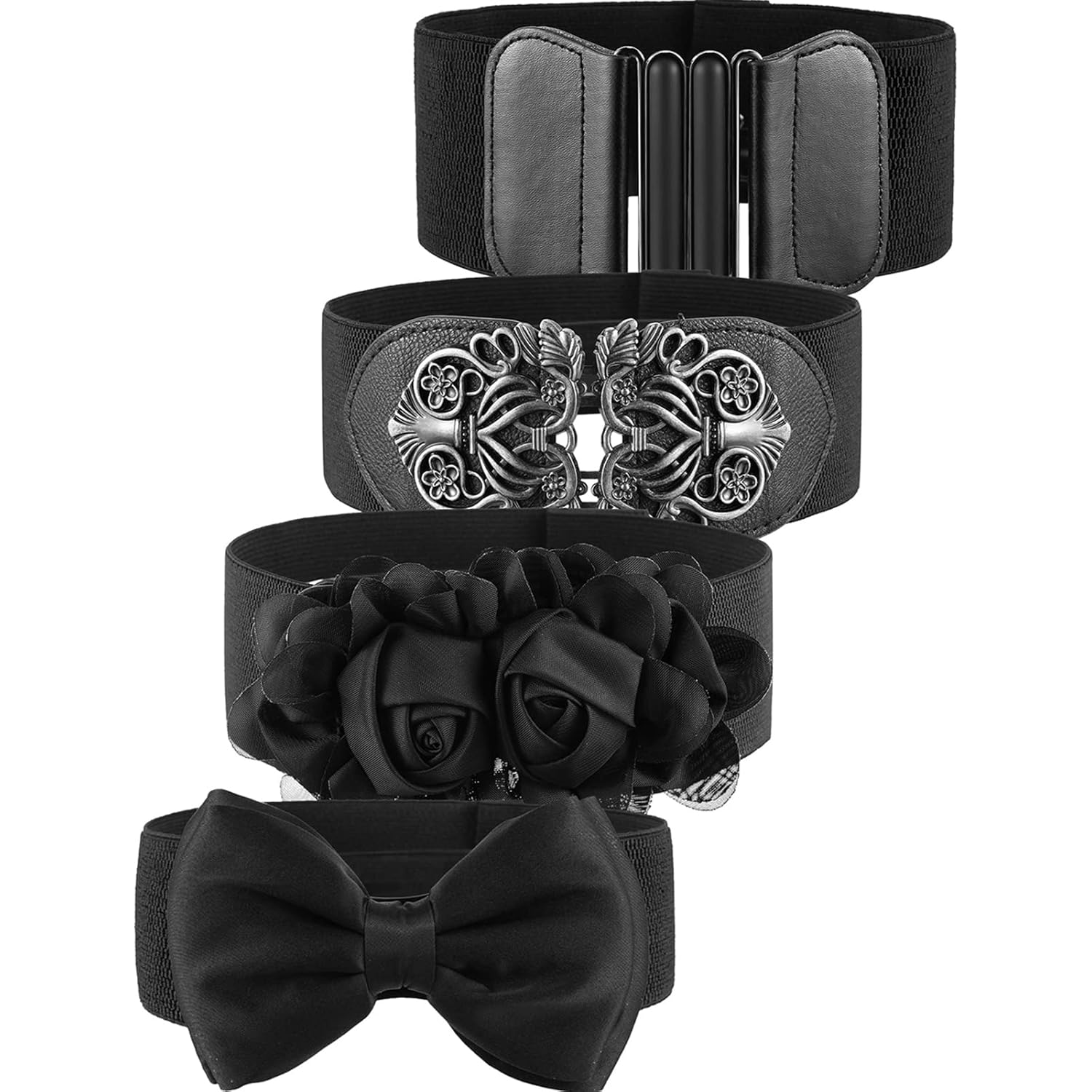 Chuangdi 4 Pieces Women Vintage Wide Waist Belt Black Belt for Dress Elastic Stretch Retro Waistband for Jeans Pants