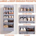 1 Pack Over-The-Door-Shoe-Organizers,Hanging Organizers With Large Pocket Shoe Holder Hanging Shoe Rack For Closet Shoe Organizer For Wall, Over Door Organizer With 15 Pockets Gray