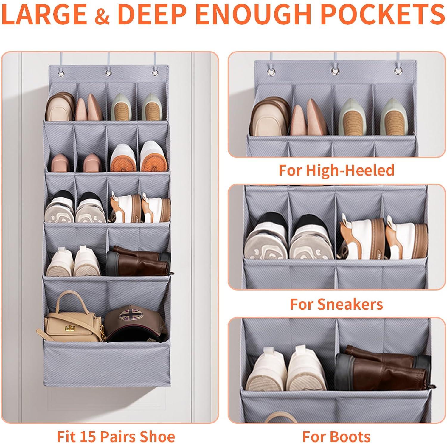 1 Pack Over-The-Door-Shoe-Organizers,Hanging Organizers With Large Pocket Shoe Holder Hanging Shoe Rack For Closet Shoe Organizer For Wall, Over Door Organizer With 15 Pockets Gray