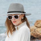 Straw Sun Hats for Women Men Panama Fedora Summer Hat with Leather Belt Wide Brim Beach Sun Jazz Cap 1#gray