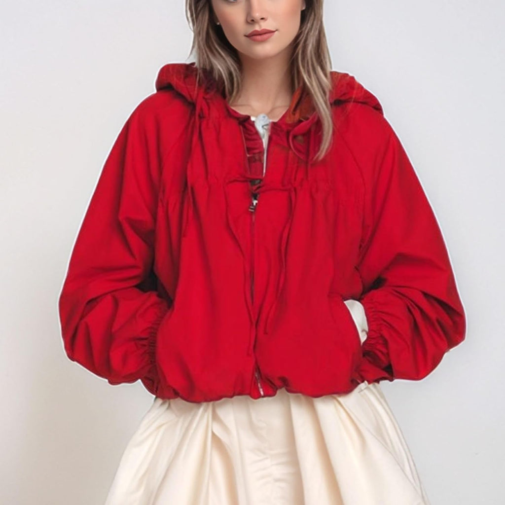 Xunger Women'S Gathered Hooded Jacket Casual Loose Fit Bow Detail Coat Drawstring Hem Long Sleeve Outerwear With Pockets
