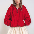 Xunger Women'S Gathered Hooded Jacket Casual Loose Fit Bow Detail Coat Drawstring Hem Long Sleeve Outerwear With Pockets