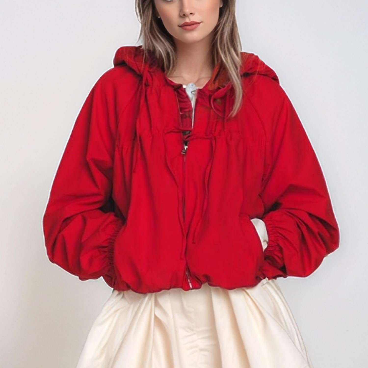 Xunger Women'S Gathered Hooded Jacket Casual Loose Fit Bow Detail Coat Drawstring Hem Long Sleeve Outerwear With Pockets