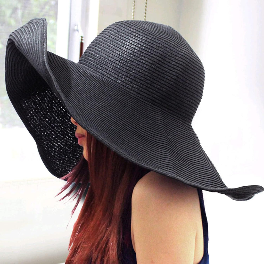 DRESHOW Big Straw Sun Hats for Women Floppy Foldable Roll up Beach Cap Sun Hat UPF 50+ Vacation Honeymoon Embroidered Hat Aca Wire: Black