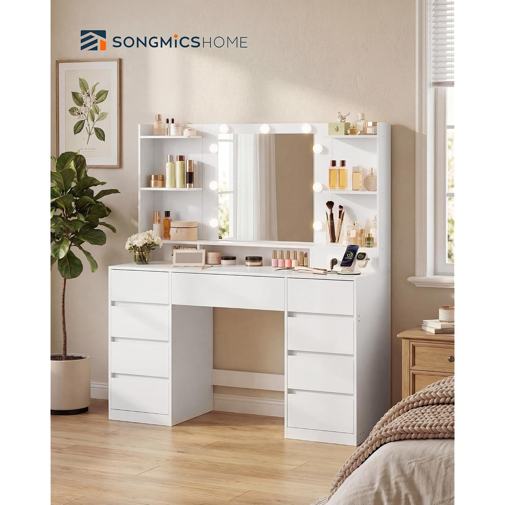 Songmics Home Vanity Desk With Mirror And Lights, Makeup Vanity Table With Power Outlets, 9 Drawers Storage Dressing Table For Bedroom, White
