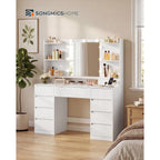 Songmics Home Vanity Desk With Mirror And Lights, Makeup Vanity Table With Power Outlets, 9 Drawers Storage Dressing Table For Bedroom, White