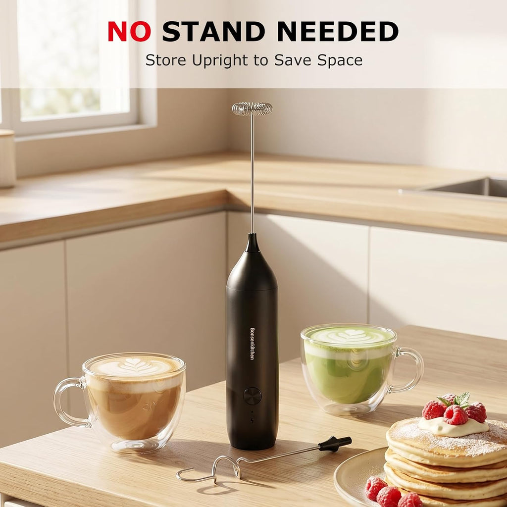 Bonsenkitchen Rechargeable Milk Frother Handheld, Electric Foam Maker With Stainless Steel Whisk, Charging Usb-C, Portable Hand Wand Drink Mixer For Coffee Matcha Lattes Cappuccino, Kitchen Gifts