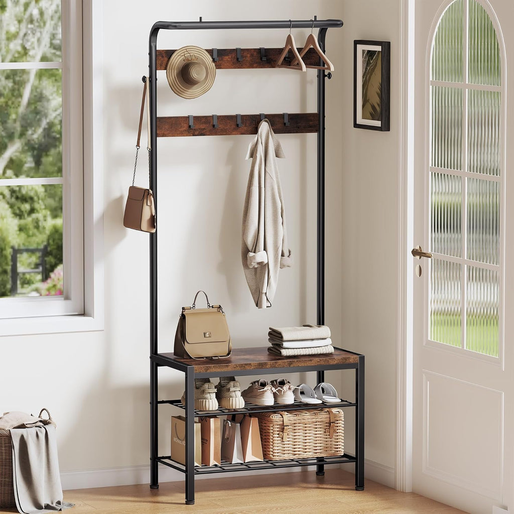 Hall Tree with Bench and Shoe Storage, 4-in-1 Entryway Organizer with 10 Hooks and Storage Shelf,Coat Rack Freestanding with 2-Tier Storage Shelf for Living Room, Bedroom Rustic