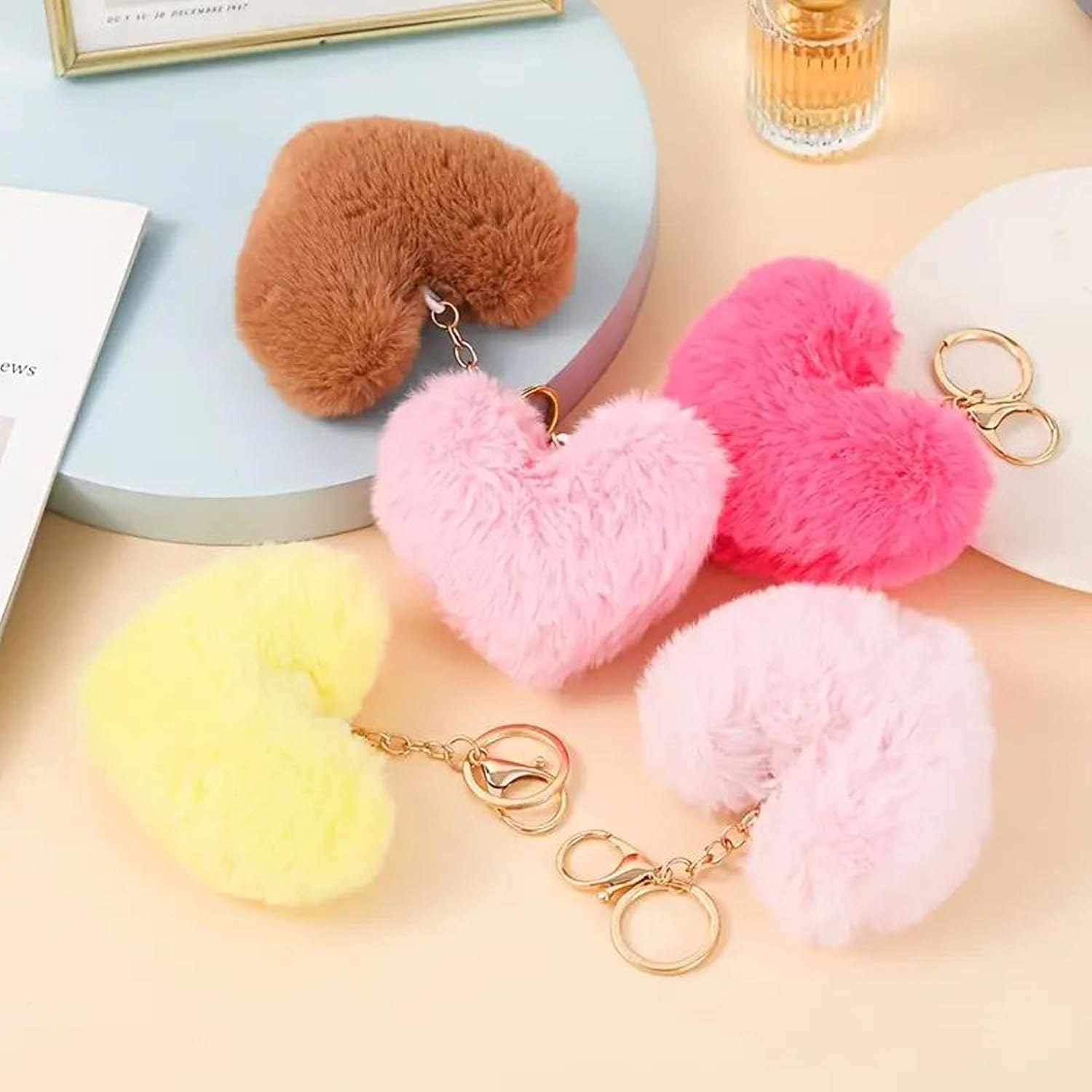 Artificial Faux Rabbit Fur Keychain Fluffy Heart Plush Pom Charm Key Chain Purse Handbag for Women