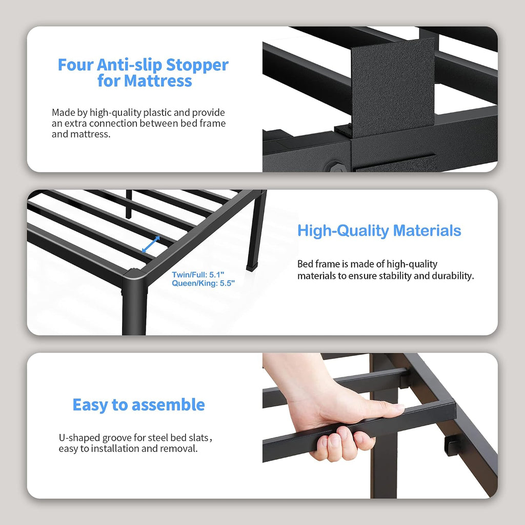 14 Inch Metal Queen Bed Frame With Rounded Corner And Headboard Hole Mattress Retainers 3500Lbs Heavy Duty Steel Slats No Box Spring Needed Platform Noise-Free Easy Assembly