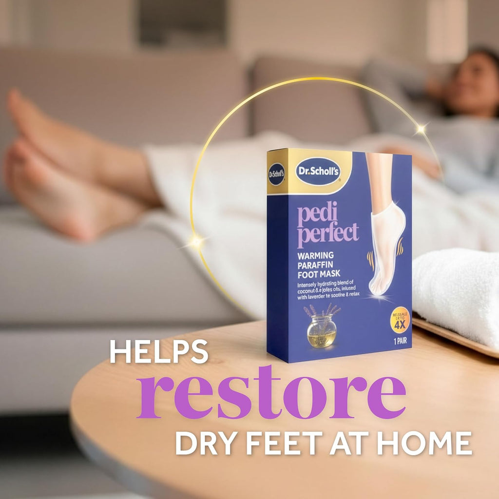 Dr. Scholl's Pedi Perfect Warming Paraffin Spa-Inspired Foot Mask-Hydrating Blend of Paraffin Wax, Coconut, Argan & Jojoba Oil, Helps Restore & Moisturize Dry, Cracked Feet at Home, Reusable up to 4x