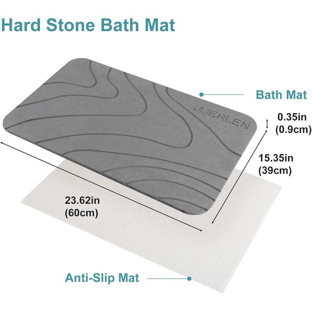 JUERLEN 2 Pack Diatomaceous Earth Shower Mat, Stone Bath Mat, Nonslip Super Absorbent Fast-Drying Hard Bath Mat for Bathroom Shower Floor, 24 x 16 inch, Grey Wave Design