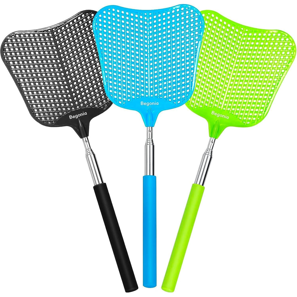 Telescopic Fly Swatter, Begonia Fly Swatter For Indoors,Manual Plastic Flyswatter Heavy Duty With Stainless Steel Telescopic Handle (3 Pack)