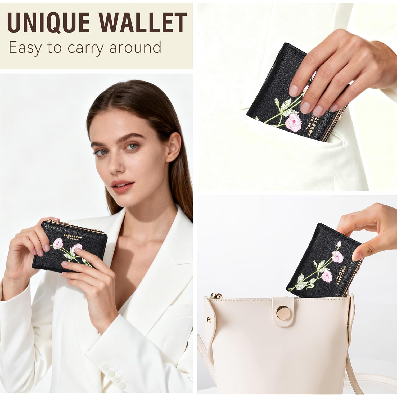 Small Wallet for Women -Bifold Embroidery Flower Wallet RFID Blocking PU Leather with Zipper Pocket for women girls(Black)