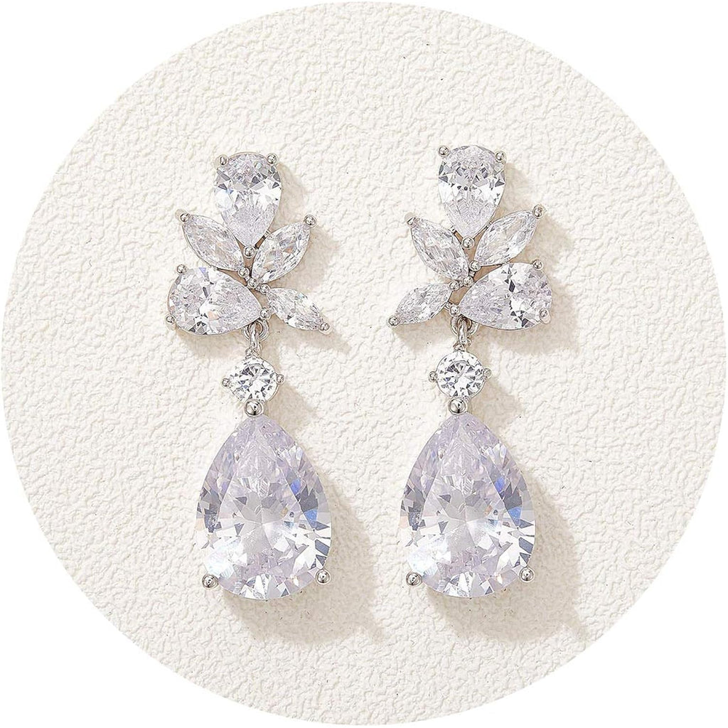 SWEETV Elegant Bridal Wedding Earrings for Brides, Bridesmaids, Cubic Zirconia Teardrop Dangle Earrings for Women Formal Jewelry