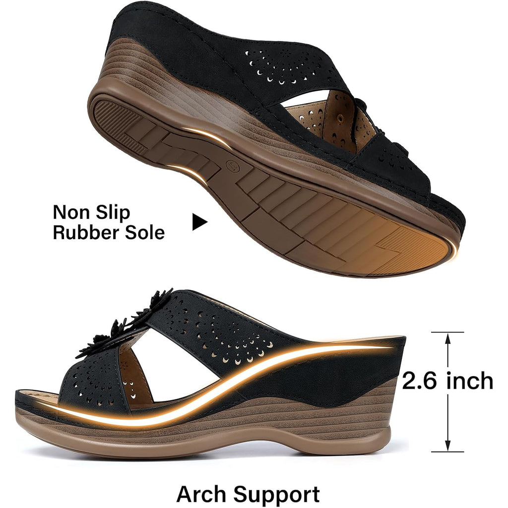 Temofon Womens Wedge Sandals Leather: Comfortable Walking Shoes Summer | Fit Wide Foot - Cute Style - Wear True Size 5-11