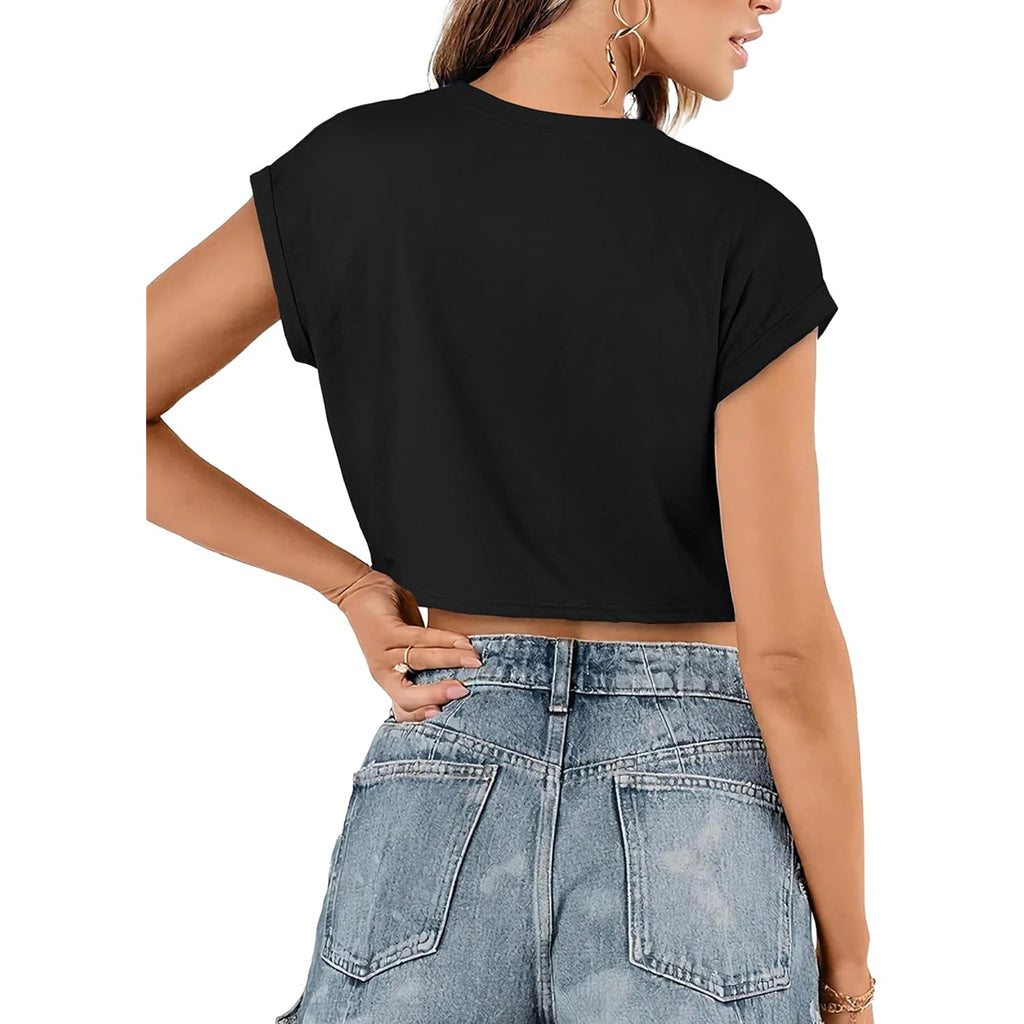 Crop Tops For Women Summer Short Sleeve Loose Fit T Shirts Casual Round Neck Rolled Basic Tees