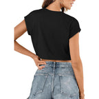Crop Tops For Women Summer Short Sleeve Loose Fit T Shirts Casual Round Neck Rolled Basic Tees