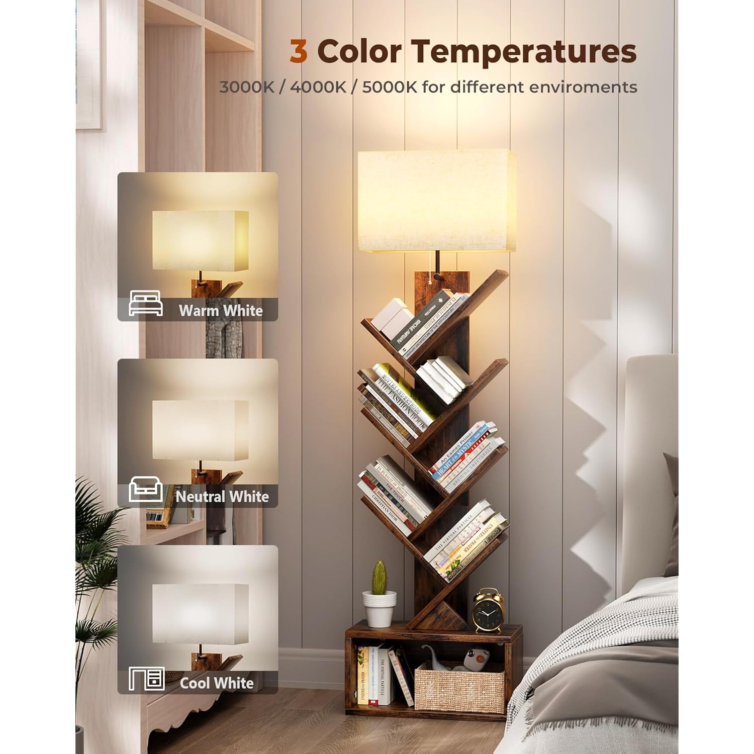 Evermagin 6 Tier Tree Bookshelf With Light, Narrow Bookcase Tower, Tall Floor Standing Book Organizer With Storage Cabinet For Living Room, Bedroom And Home Office, Rustic Brown