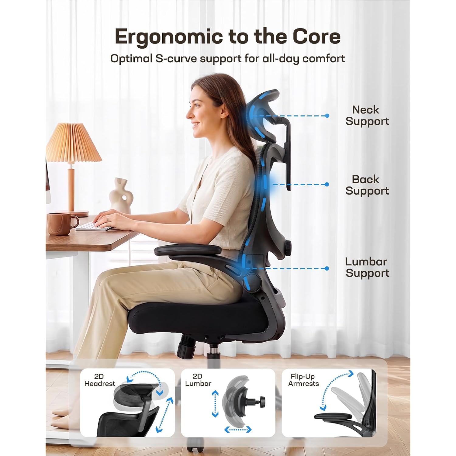 Huanuo Ergonomic Office Chair With 3D Armrests, Adjustable Lumbar Support