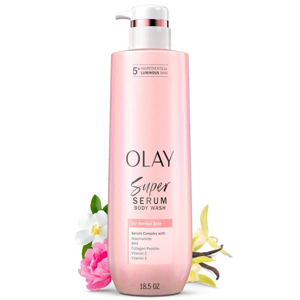 Olay Super Serum Body Wash For Normal Skin, 24Hr Long Lasting Hydration, 5+ Ingredient Serum Complex For Bright Even Firm Luminous Skin, 18.5 Fl Oz