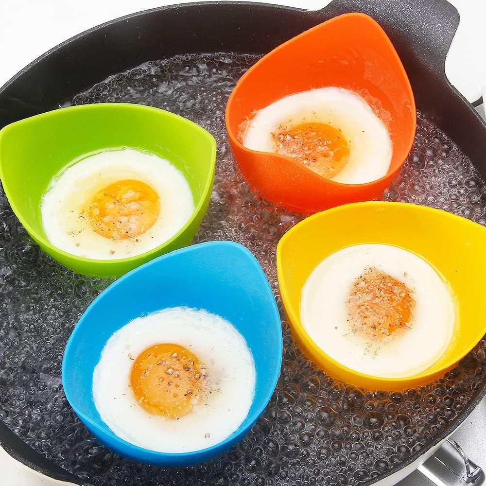 YomiFamily 4 Pack Silicone Egg Poacher Cups with Ring Standers, Nonstick Egg Poaching Cups for Air Fryer, Baking oven or Stovetop Cooking, BPA Free