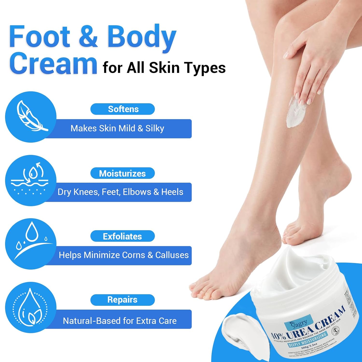 Sagry Urea Cream 40 Percent for Feet Maximum Strength, Foot Cream for Dry Cracked Heels Feet Knees Elbows Hands, Urea 40% Cream for Deep Moisturizes, Callus Remover, Heel Crack Repair