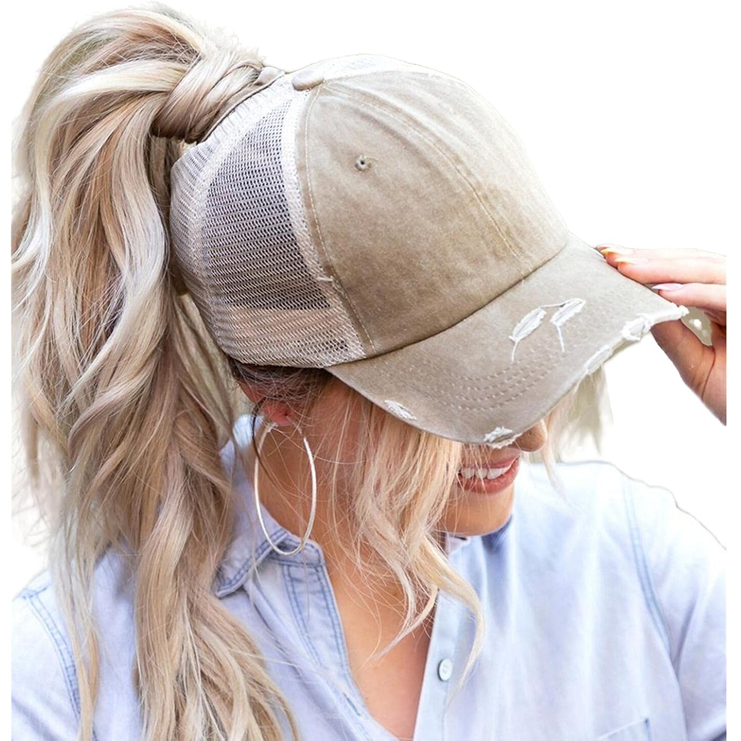 Womens Ponytail High Messy Bun Hats Distressed Baseball Caps Unconstructed Washed Dad Hat Girls Trucker Ponycaps Sun Hat 03-light Khaki