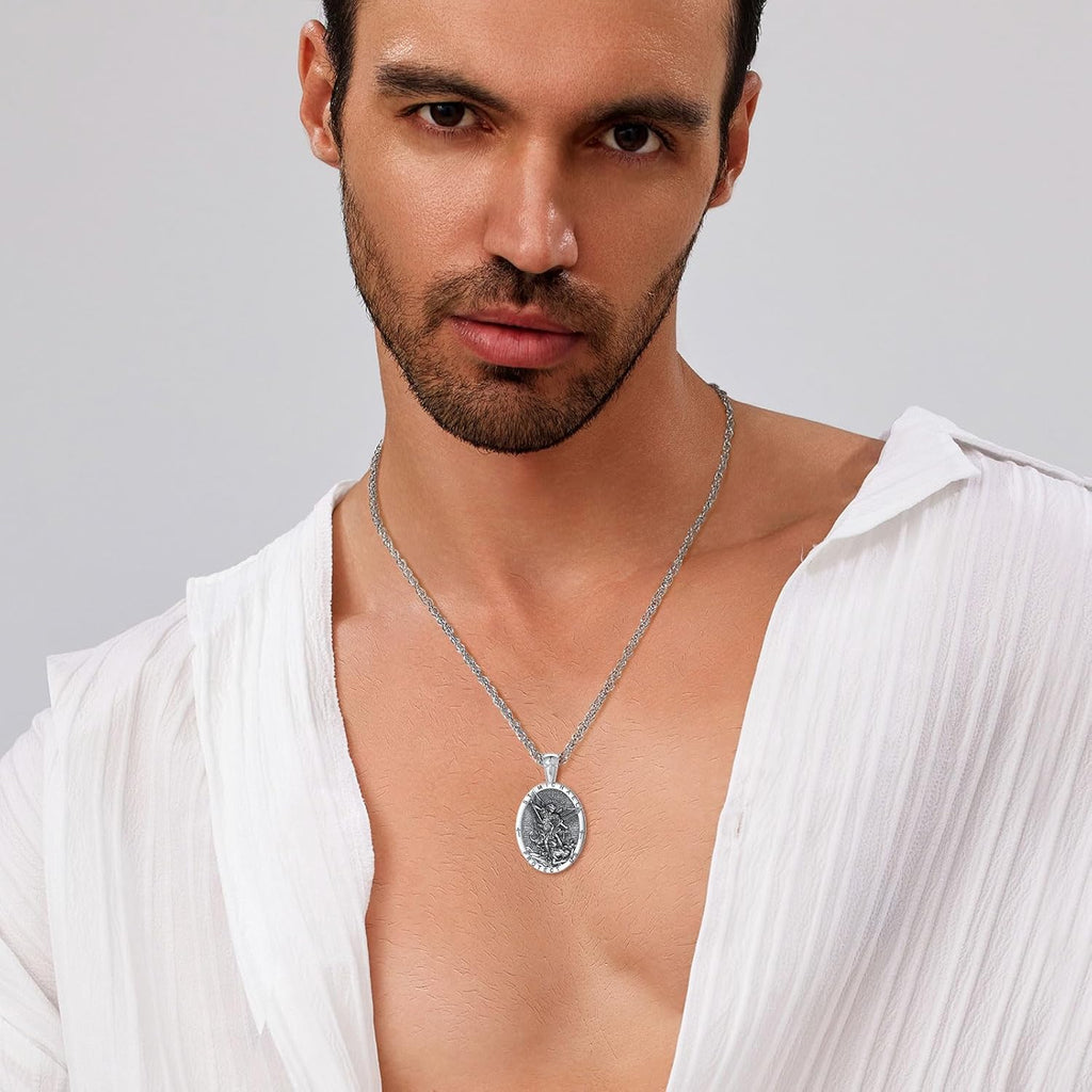 EUDORA 925 Sterling Silver St Benedict/St Michael/St Christopher/Archangel Raphael Gabriel Metatron/Virgin Mary/St Joseph/St Anthony Crucifix Pendant Bible Verse Prayer Necklace Jewelry for Men Women
