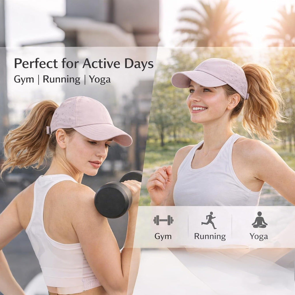Women Backless Ponytail Baseball Cap for Curly Hair, Afro Puff, High Messy Bun, Adjustable Perforated Ponycap Breathable Flower Cutouts - Wonder Taupe