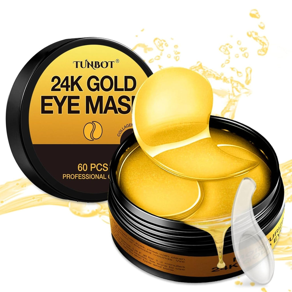 Tunbot Eye Mask - 60 Pieces - 24K Gold Eye Mask - Anti-Aging - Contains Collagen & Hyaluronic Acid - Removes Dark Circles, Puffiness & Wrinkles, Moisturizes - Home Skin Care
