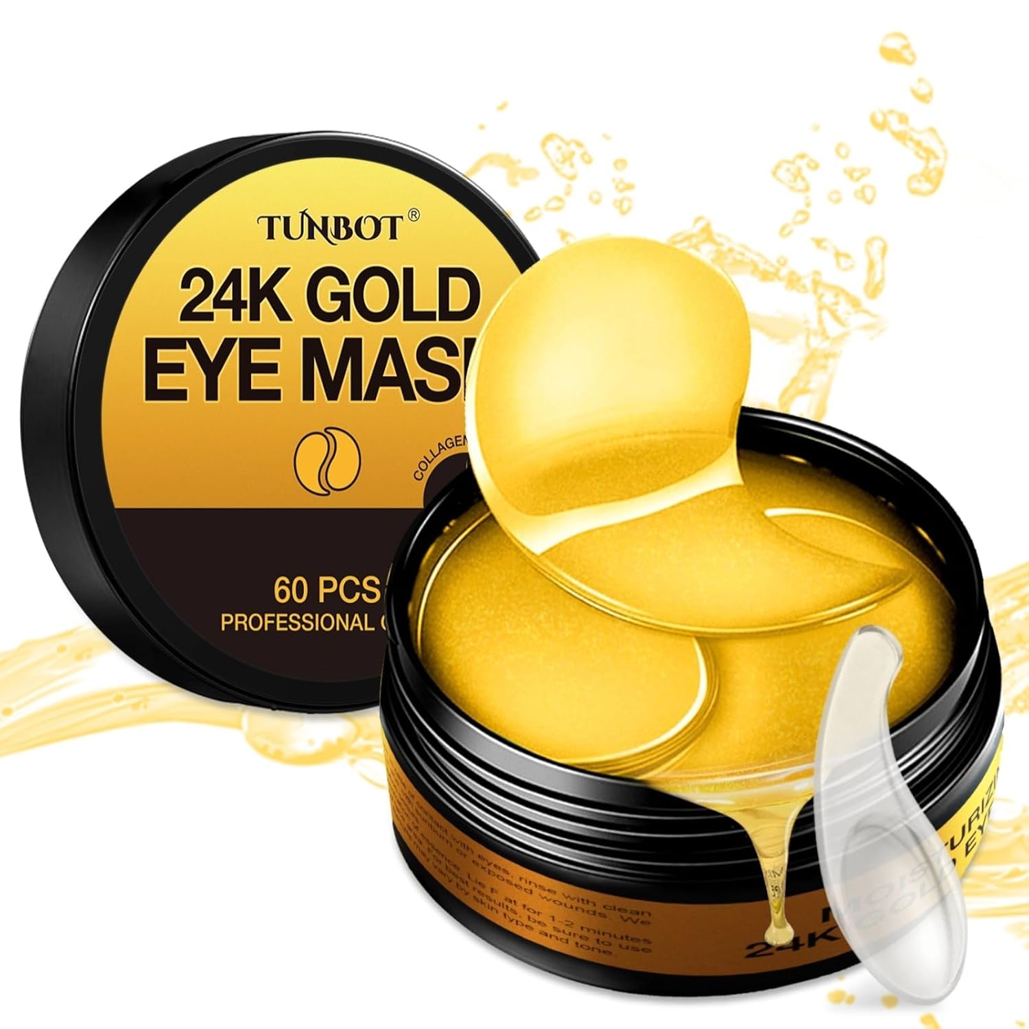 Tunbot Eye Mask - 60 Pieces - 24K Gold Eye Mask - Anti-Aging - Contains Collagen & Hyaluronic Acid - Removes Dark Circles, Puffiness & Wrinkles, Moisturizes - Home Skin Care