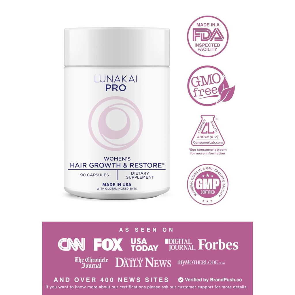 Lunakai USA Made Hair Growth Supplement for Women - Advanced 20 Nutrient with Marine Collagen, Saw Palmetto, Biotin & Keratin - Daily Hair Vitamins for Thicker Strands - 90 Capsules
