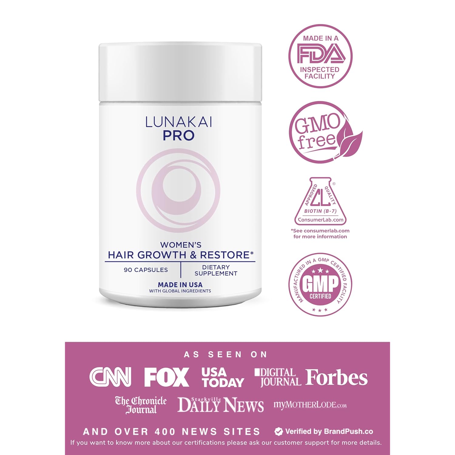Lunakai USA Made Hair Growth Supplement for Women - Advanced 20 Nutrient with Marine Collagen, Saw Palmetto, Biotin & Keratin - Daily Hair Vitamins for Thicker Strands - 90 Capsules