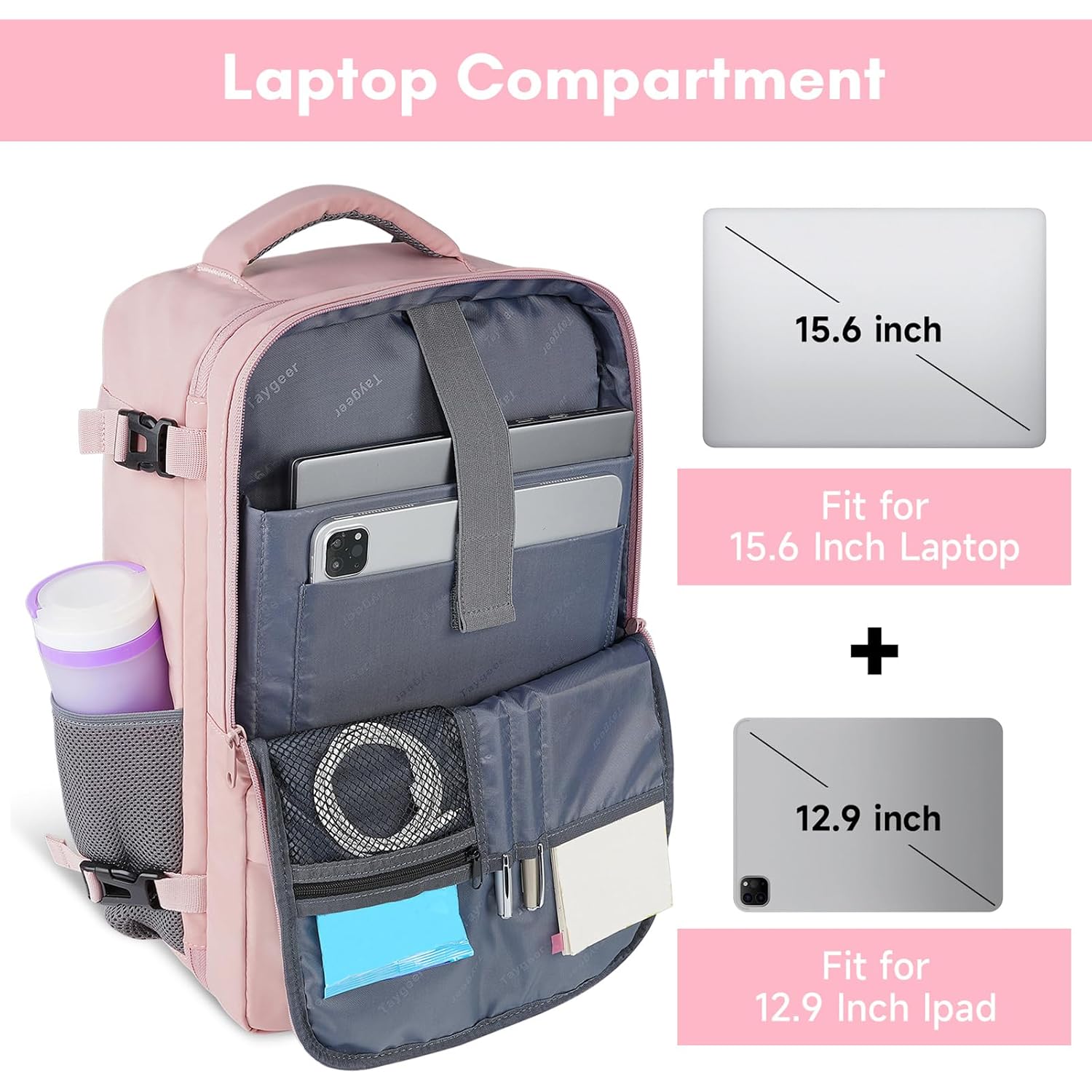 Taygeer Travel Backpack For Women, Tsa Carry On Backpack Flight Approved | 15.6Inch Laptop Mochila With Water Bottle Pocket & Shoe Pouch, Nurse Bag Casual Daypack For Weekender Business Hiking, Pink