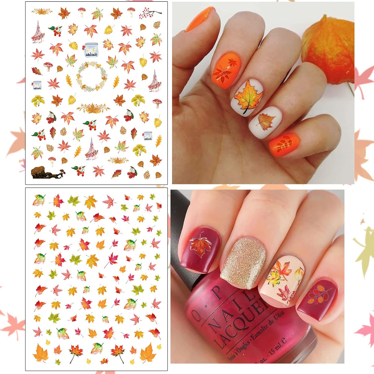 TailaiMei 3D Thanksgiving Nail Decals Stickers, Self-Adhesive Autumn Nail Art Decorations, Design for Fall Maple Leaves Pumpkin Turkey(1154 Pcs, 10 Sheets)